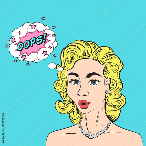 Pop art style sketch of beautiful blonde woman saying OOPS! on blue background