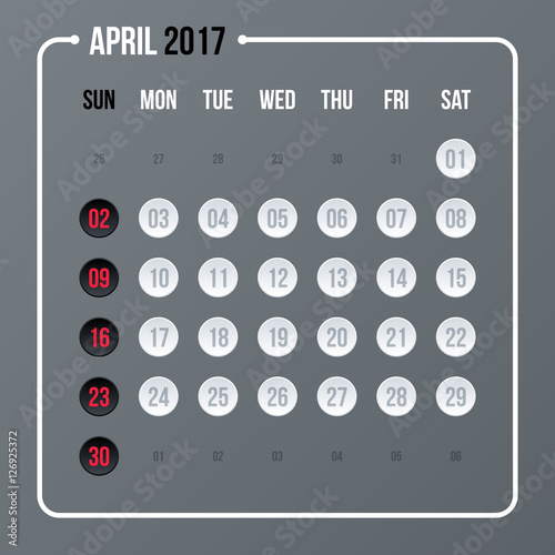 Corporate calendar template on neutral gray background. 2017 year, month april.