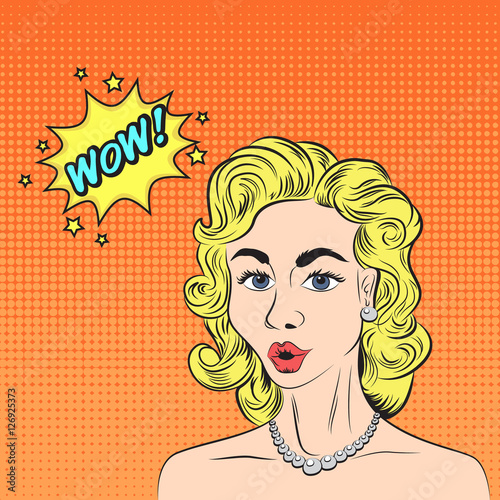 Pop art style sketch of beautiful blonde woman saying WOW! with half-tone pattern background