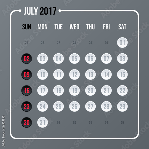 Corporate calendar template on neutral gray background. 2017 year, month july.