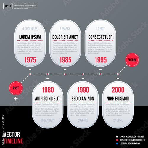 Modern business timeline template with white round shapes on gray background. Neutral corporate style.