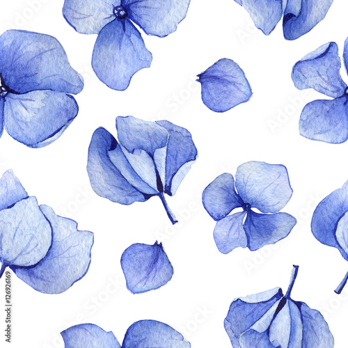 Blue seamless watercolor hydrangea floral pattern. May be used for wedding invitation or greeting card template, fabric print,