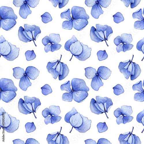 Blue seamless watercolor hydrangea floral pattern. May be used for wedding invitation or greeting card template, fabric print,