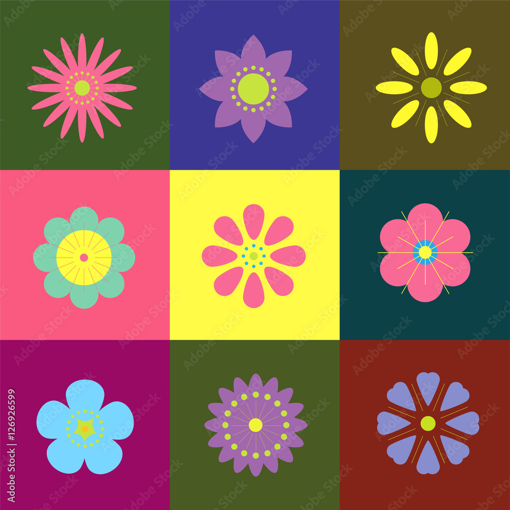 9 different vector flowers, graphic style