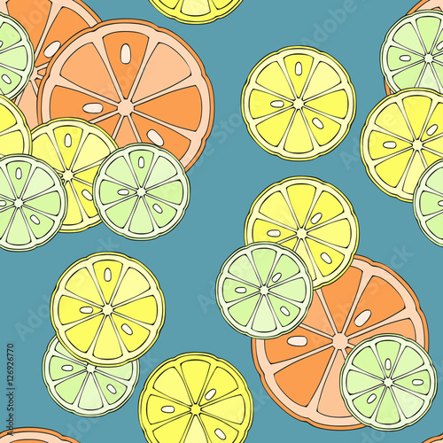 Seamless pattern with various citrus fruit slices: orange, lemon, lime. Vector illustration with outline, simple style