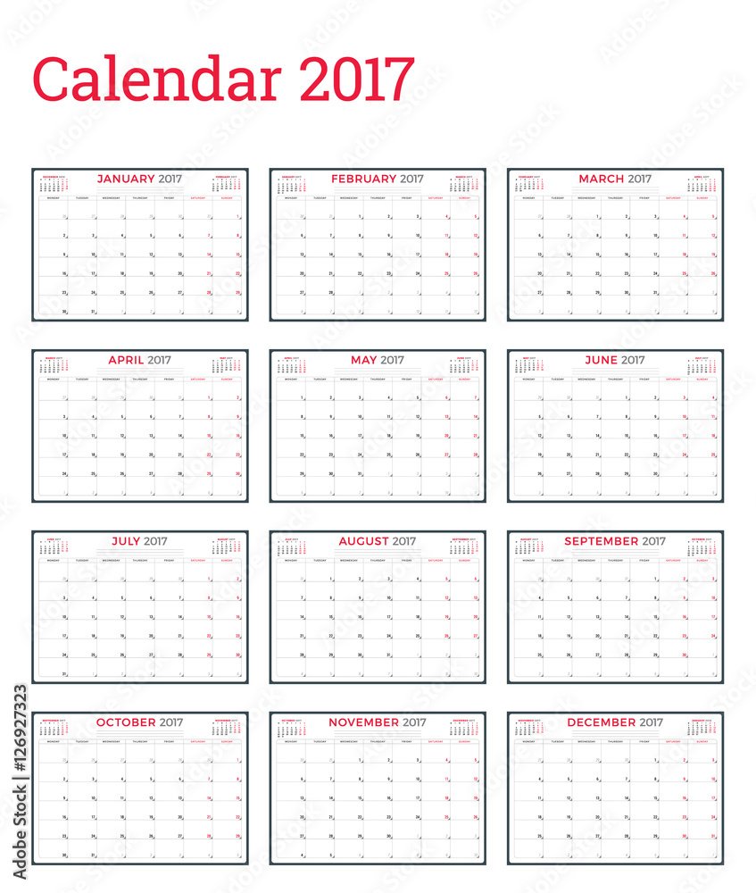 Calendar Planner Template for 2017 Year. Week Starts Monday. Set of 12 Months. Stationery Design. Vector Calendar Template