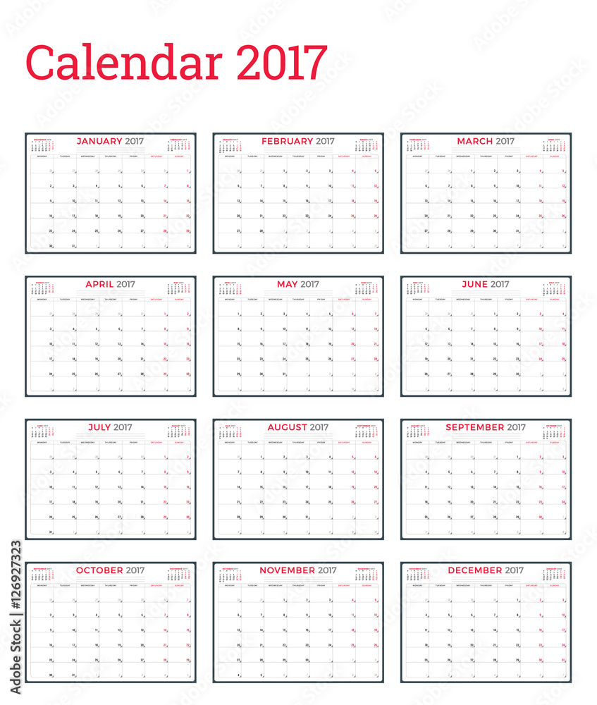 Calendar Planner Template for 2017 Year. Week Starts Monday. Set of 12 Months. Stationery Design. Vector Calendar Template Calendar Planner Template for 2017 Year. Week Starts Monday. Set of 12 Months. Stationery Design. Vector Calendar Template