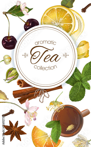 Vector aromatic tea banner with cherry, lemon and cinnamon. Design for tea shop, drinks menu, baking, candy and sweets, health care products, aromatherapy. Best for tea packaging design