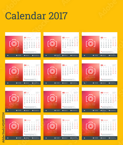 Desk Calendar Template for 2017 Year. Week Starts Monday. Set of 12 Months. Place for Photo  logo and contact information. Stationery Design. Vector Calendar Template