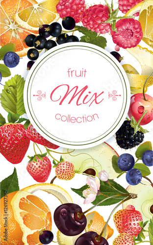 Vector fruit and berry banner. Design for juice, tea, ice cream, jam, natural...