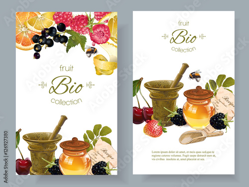 Vector fruit and berry cosmetic banner with honey and mortar. Design for natu...