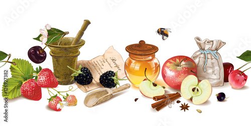 Vector fruit and berry cosmetic seamless border with honey and mortar. Design...