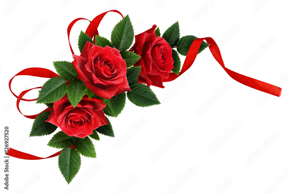 Obraz premium Red rose flowers and silk ribbon bow corner arrangement