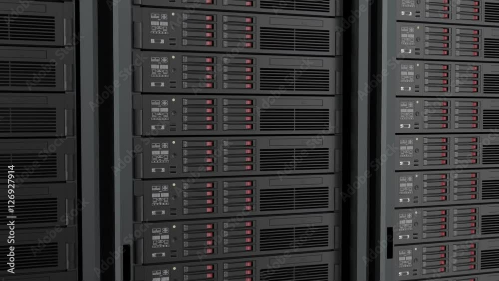 Seamlessly looping of servers in data center. 3D animation.