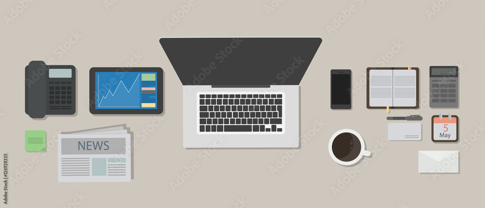Business desk mockup. Desk with laptop and calculator, tablet andcoffee and other items. Business desk mockup. Desk with laptop and calculator, tablet andcoffee and other items.