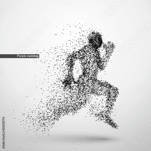 People running, particle divergent composition, vector illustration
