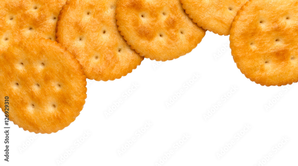 Dry cracker cookies isolated on white background cutout, top view, concept of food