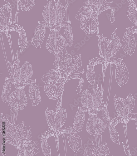 Flowers seamless pattern background line illustration iris. Floral design elements.