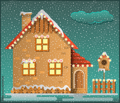 Winter scene. Snowy house, fence and birdhouse. Cartoon style. Vector illustration.