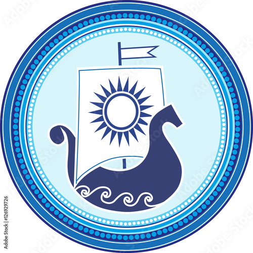 Round emblem with slavic boad und sun sail on white background. Vector illustration.