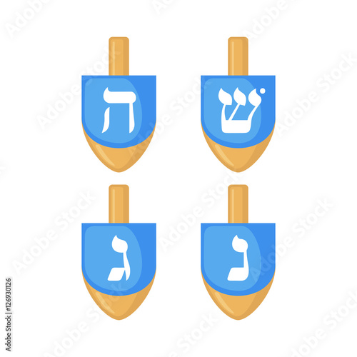 Hanukkah dreidels icons in flat style.