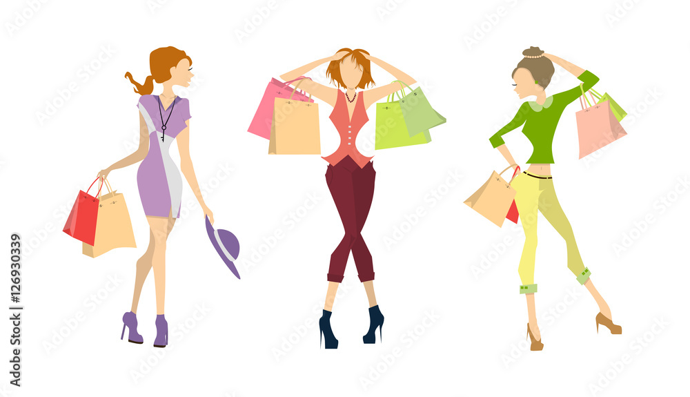 Fototapeta premium Shopping women set. Elegant, young and slim women in different outfits with colorful shopping bags on white background.