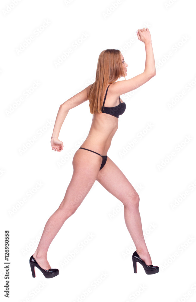Woman Walking Side View, Sexy Girl in black Underwear, People is