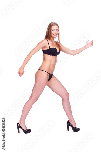 Woman Walking Side View, Sexy Girl in black Underwear, People is
