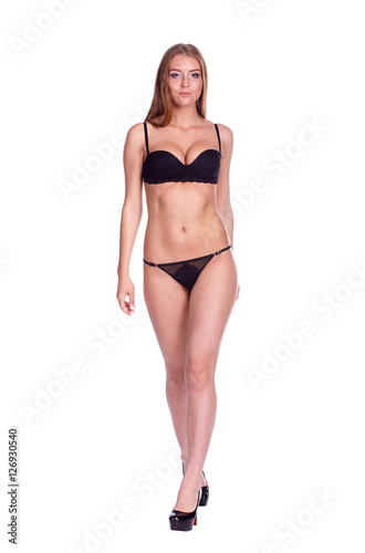 Woman Walking Side View, Sexy Girl in black Underwear, People is