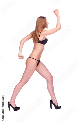 Woman Walking Side View, Sexy Girl in black Underwear, People is