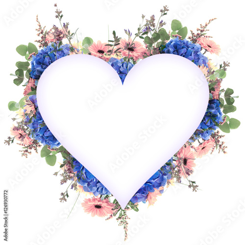 Fototapeta Naklejka Na Ścianę i Meble -  Amazing background with hydrangeas and daisies. Yellow and blue flowers on a white blank. Floral card nature. bokeh butterflies.