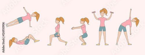 Workout girl set. Woman doing fitness and yoga exercises. Lunges and squats, plank and abc.