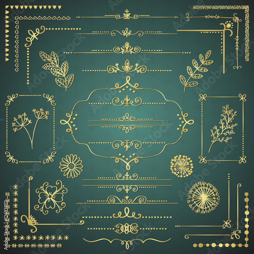 Set of Vector Golden Decorative Hand Drawn Design Elements