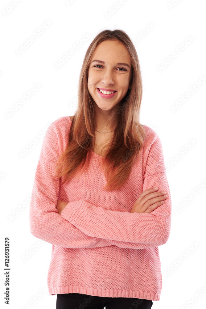 A portrait of a charming smile of pretty teen against the white A portrait of a charming smile of pretty teen against the white