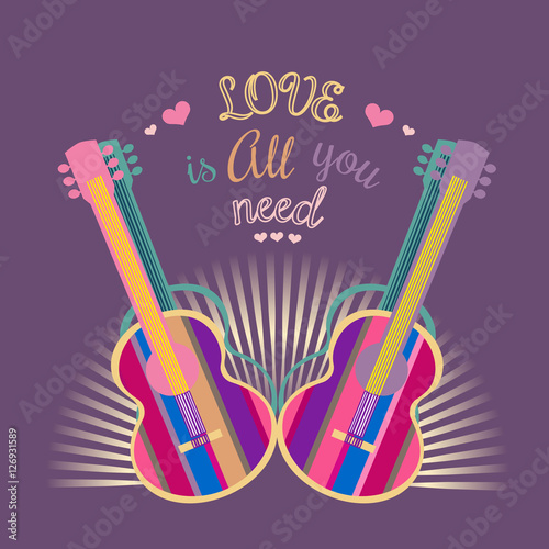Motivated famous Music Quote  Love is all you need. Acoustic Guitar silhouette. Template for poster, flyer. Idea for design live music festival, concert, club, bar,  hipster party. Vector Illustration