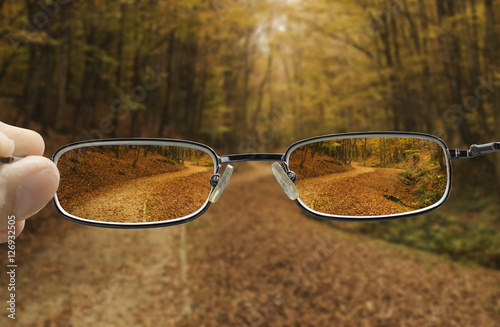 seeing forest path in autumn through glasses that improve vision