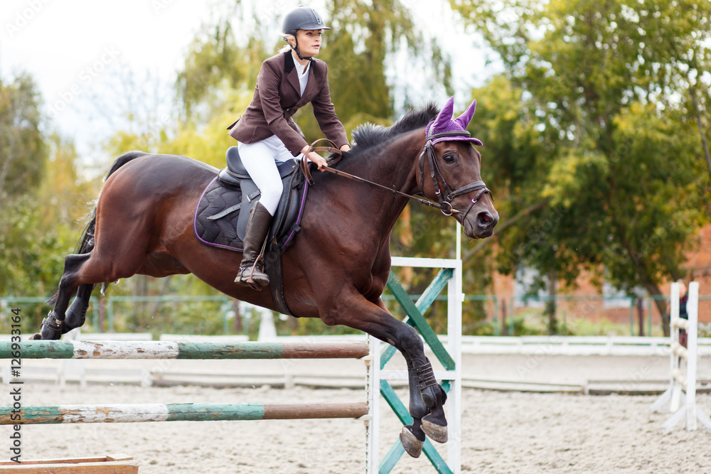 Young rider girl jumping over barier on her course Young rider girl jumping over barier on her course