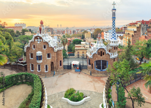 Park Guell in Barcelona. View to entrace houses