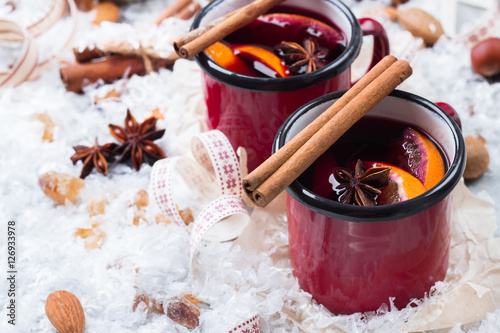 Hot mulled wine in a red mug for winter holidays