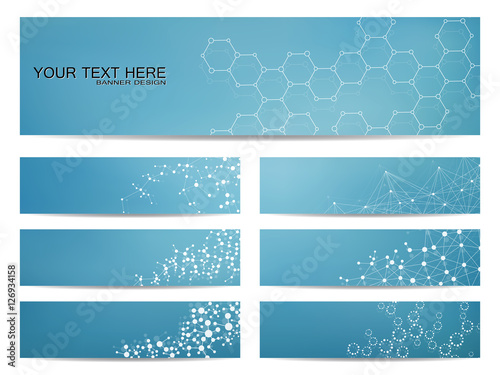 Set of modern scientific banners. Molecule structure DNA and neurons. Abstract background. Medicine, science, technology. Vector illustration for your design.
