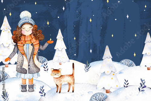 Christmas and New Year collection.Watercolor handpainted illustration with a cute girl in a wool coat,scarf,hat and her little friend-cute kitten.Winter landscape with christmas tree.Dreams come true photo