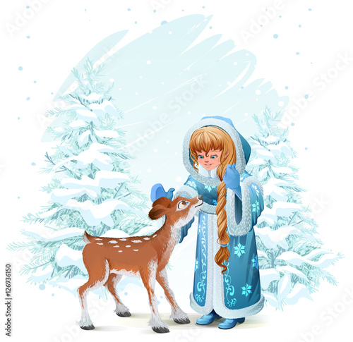 Snow Maiden in blue fur coat and fawn among pine trees in winter forest