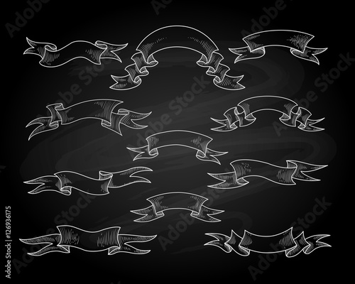 Hand drawn chalk banners. Vector chalk ribbons on blackboard