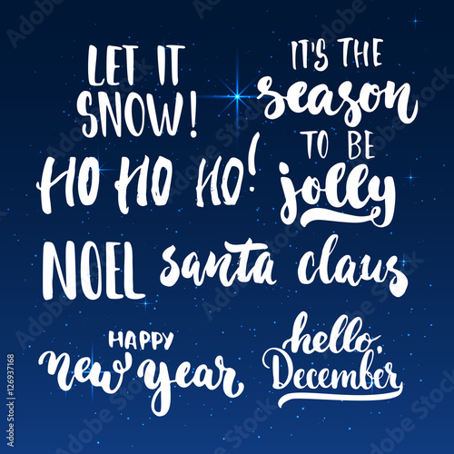 Lettering Christmas and New Year holiday calligraphy phrases photo overlays set isolated on the shining background with stars. Fun brush ink typography for illustrations, t-shirt print, poster design.