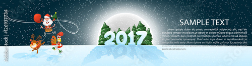 Christmas, banner 2017, panoramma. Jolly Santa on sleigh with deer and a rooster. Vector