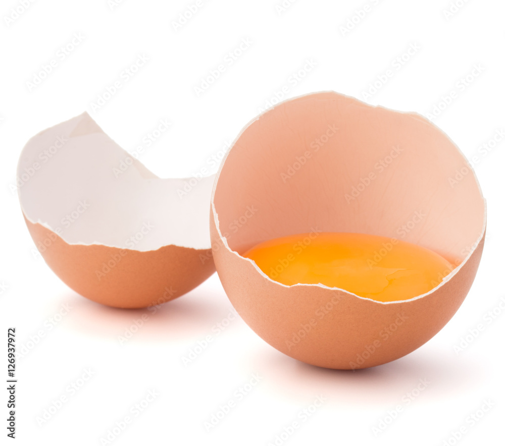 Broken egg in eggshell half isolated on white background cutout Broken egg in eggshell half isolated on white background cutout