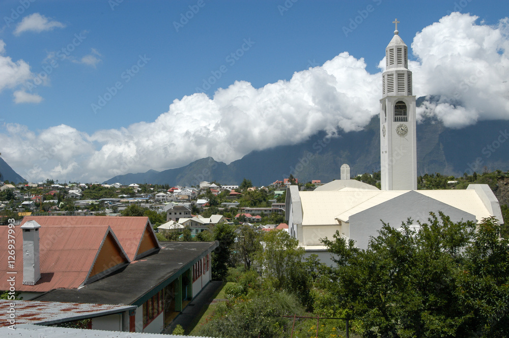 View over colonial town of Cilaos on La Reunion island