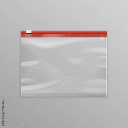 Vector Red Sealed Empty Transparent Plastic Zipper Bag Close up on Background