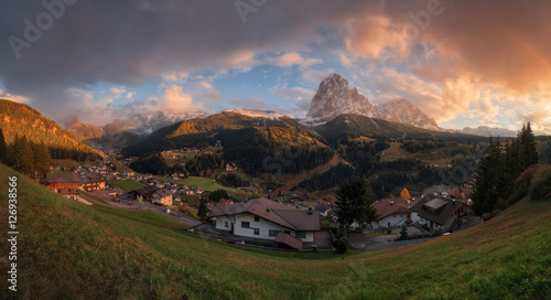 Italy. Dolomites. Panorama of the village of Santa Cristina in Val Gardena and the mountains Sassolungo © naumenkophoto