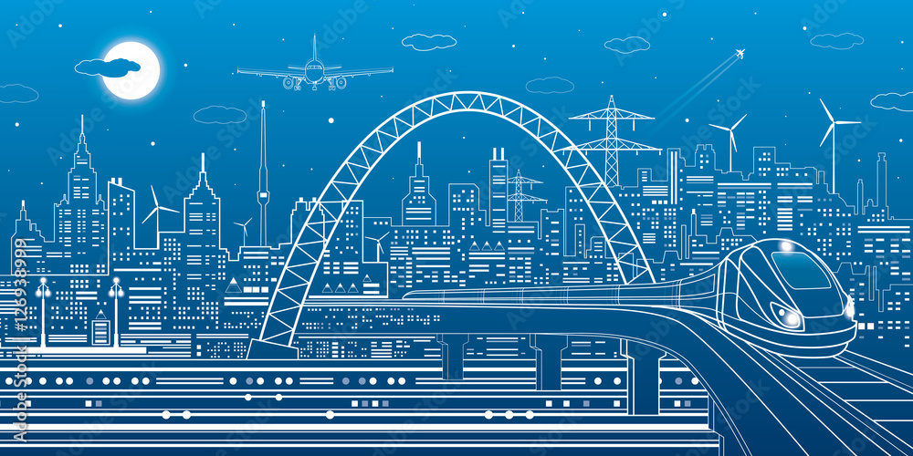 Industrial and transportation illustration, train rides on the bridge,  urban skyline, white lines landscape on blue background, night city,  airplane fly, vector design art Stock Vector